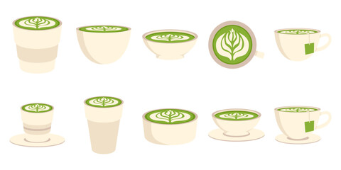 Set of matcha drink illustration. Round cups of matcha coffee or tea with milk botanical art, whipped cream. Vector illustration.