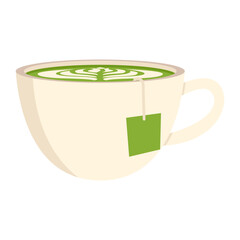 Matcha drink illustration. Round cups of matcha coffee or tea with milk botanical art, whipped cream. Vector illustration.