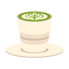 Matcha drink illustration. Round cups of matcha coffee or tea with milk botanical art, whipped cream. Vector illustration.