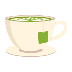 Matcha drink illustration. Round cups of matcha coffee or tea with milk botanical art, whipped cream. Vector illustration.