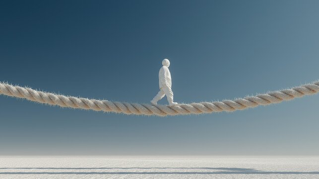 3D render of a person walking on a spiky - textured rope against a clear blue sky, symbolizing balance and risk - taking, suitable for motivational and conceptual designs - Powered by Adobe
