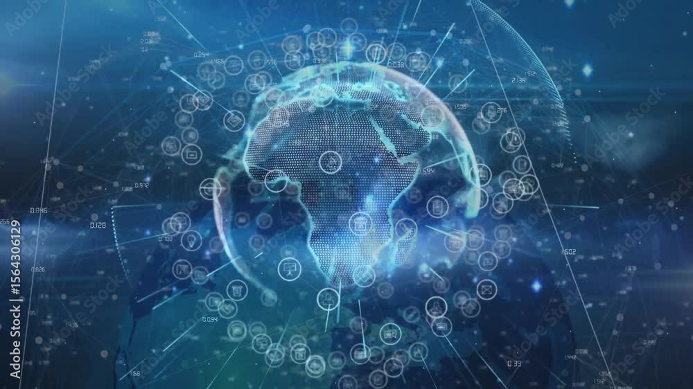 Poster glow initiating holographic earth forming and rotating with icons pulsing for visualizing network