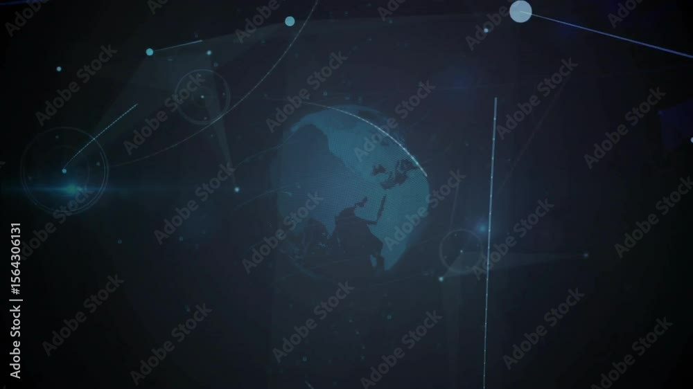 Poster Fading teal Earth silhouette initiating rotating globe visualizing data nodes arcs and HUD network