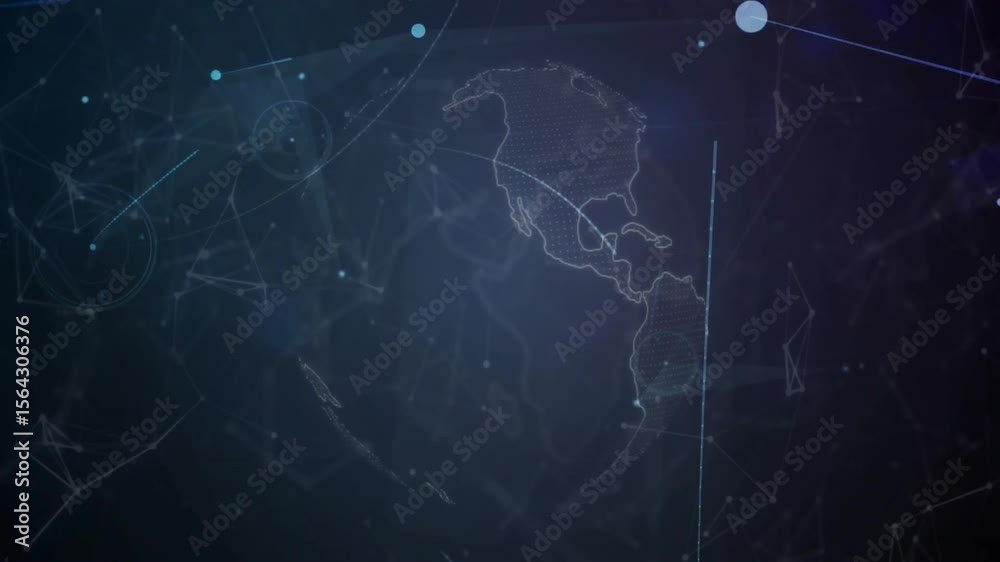 Poster Particles starting wireframe globe emerging rotating and linking nodes while showing data network