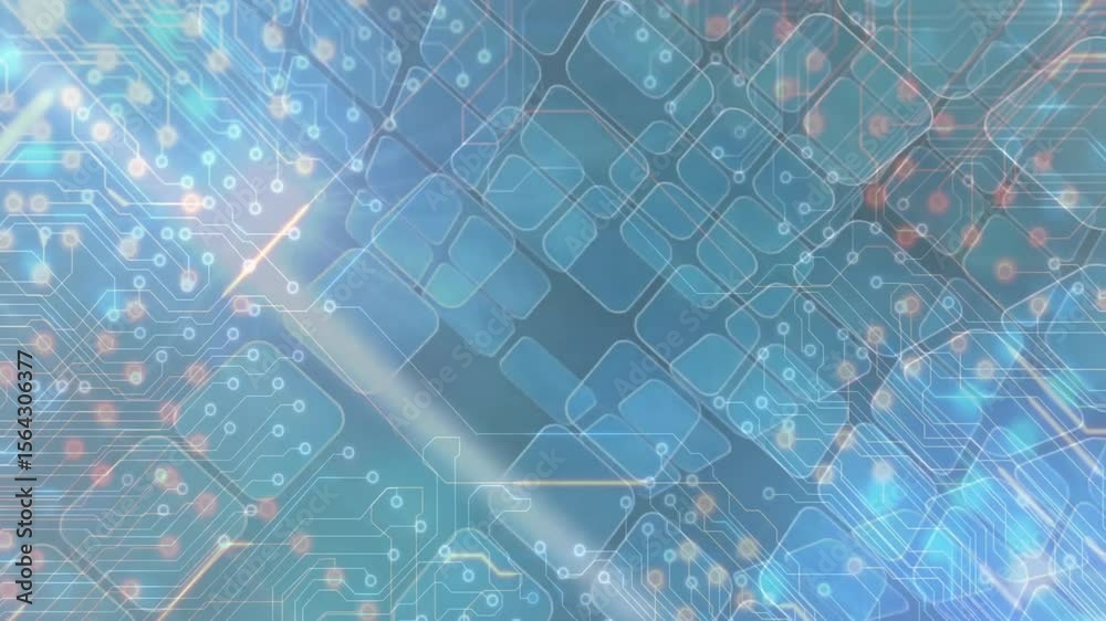 Poster on opening circuit lines sliding over grid, glowing nodes and drifting particles for data flow