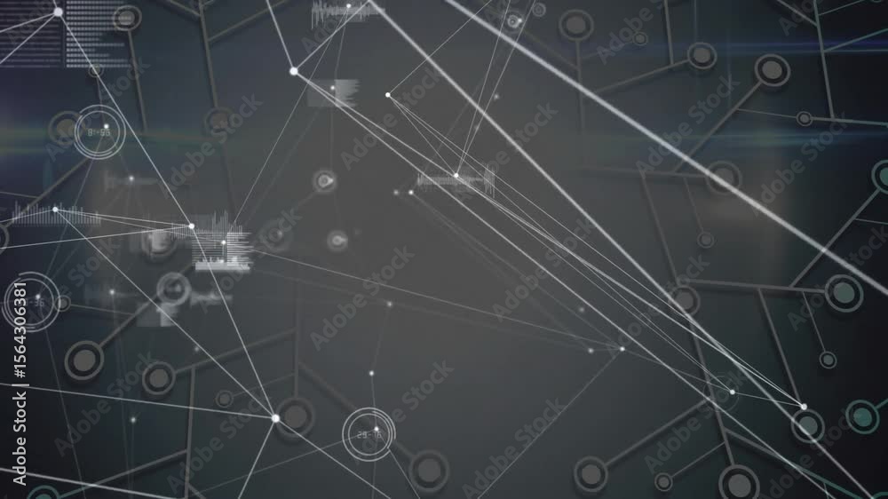 Poster on hex grid fading in, white nodes connecting, animating hud graphs showcasing network data flow