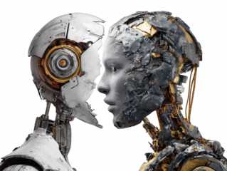 Robotic minds contemplate each other in a futuristic scene, showcasing the intersection of technology and the human form.