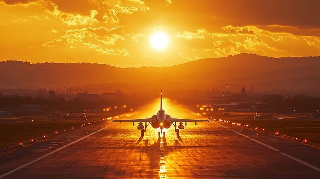 Fighter planes parked on the runway in the evening.