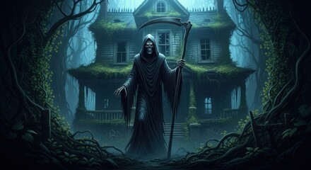Fototapeta premium The Grim Reaper Stands Before a Spooky Abandoned Mansion on a Dark Night