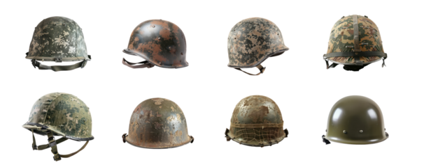 A collection of military helmets with different camouflage patterns and colors.
