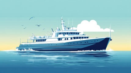 Luxury Yacht at Sea; Peaceful Ocean Scenery; Illustration