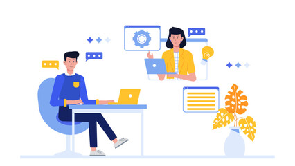 Two people video conferencing online working together. Suitable for business presentations, technology blogs, remote work concepts, and online collaboration visualizations.
