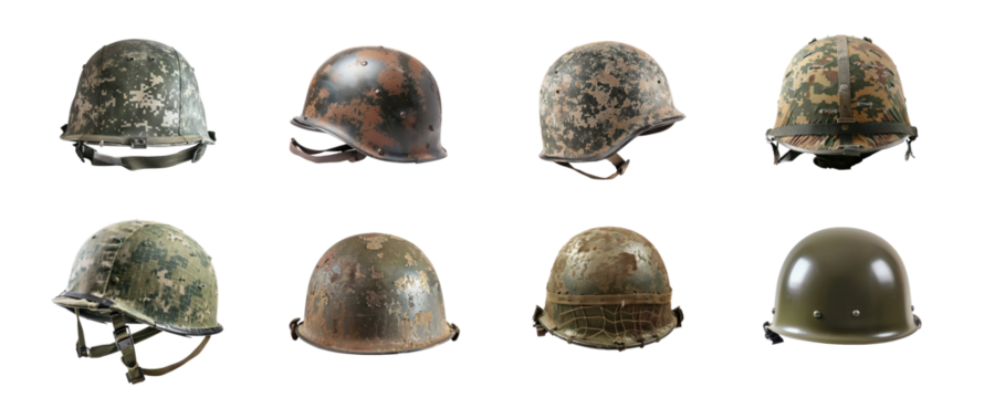 A collection of military helmets with different camouflage patterns and colors.