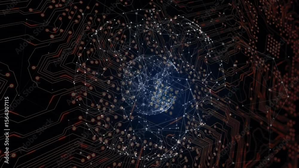 Poster drifting glowing points initiating threads forming rotating sphere illustrating data connectivity