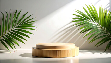 Minimalist wooden podium with tropical palm leaves and natural sunlight for product display