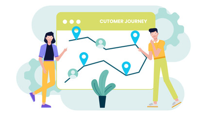Customer journey map being explained by two people, suitable for marketing presentations, customer service training materials, and business strategy guides.