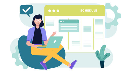 Woman efficiently plans tasks on her laptop, suitable for productivity, organization, remote work, business, time management, and technology concepts.