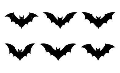 Eerie Black Bat Silhouettes Vector Icons Set. Halloween, Nocturnal.