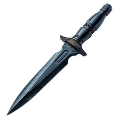 Tactical dagger with classic model concept. An intricate black dagger with an ornate handle and sharp blade.
