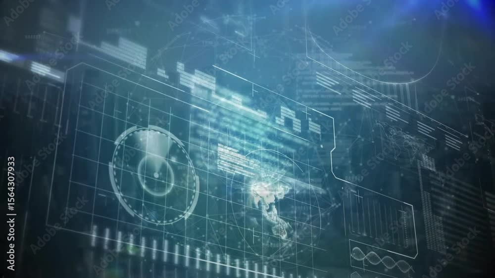 Poster dark grid showing data lines starting interface spinning rings and glowing map visualizing data