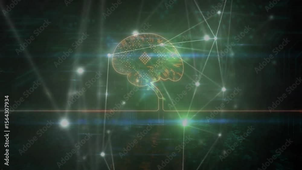 Poster neon line activating brain circuit emerging, nodes forming web and pulsing data inward