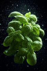 Fresh basil leaves glistening with tiny droplets of water, creating vibrant and refreshing look