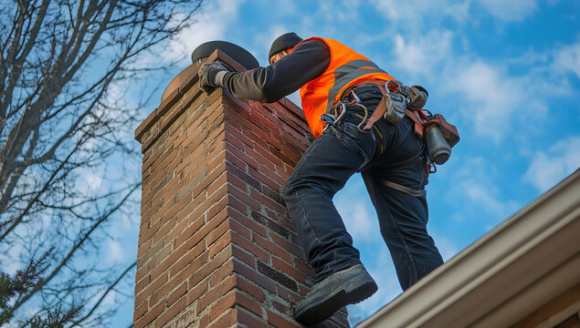 Worker inspecting chimney rooftop