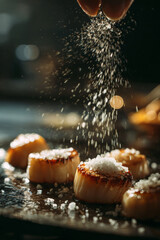 Seared scallops being seasoned with salt, showcasing culinary artistry and attention to detail