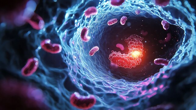 Microscopic view of bile duct cancer cells in vivid colors. Medical research and awareness about cholangiocarcinoma. Cholangiocarcinoma Awareness Month concept
