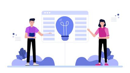 Obraz premium Two people with lightbulb presenting a webpage idea. Suitable for websites, blogs, and presentations related to brainstorming and creativity.