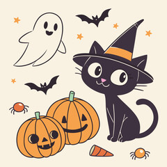 Obraz premium A collection of Halloween-themed elements on a light background. It includes a cute black cat wearing a witch's hat, two smiling jack-o'-lanterns, a friendly white ghost, two black bat silhouettes.