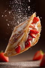 Delicious crepe mid air filled with strawberries and cream, dusted with powdered sugar