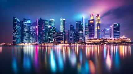 Fototapeta premium City Lights Reflecting: A mesmerizing view of a vibrant cityscape at night, its illuminated skyscrapers mirrored gracefully in the calm waters.