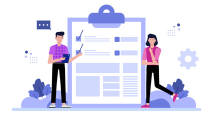 Two people reviewing a checklist. Suitable for project management, goal setting, teamwork, planning, task completion illustrations, and concept graphics.