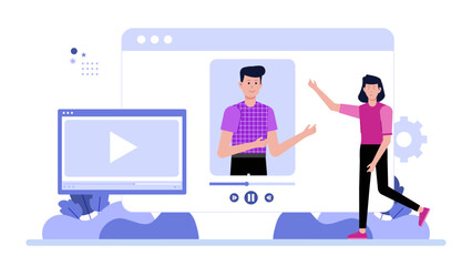 Online video lecture featuring a presenter addressing a student. Suitable for educational, eLearning, webinar, virtual classroom, and online training concepts.