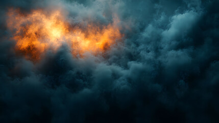 Obraz premium Abstract dark storm cloudscape with bright sun, fire, and smoke textures