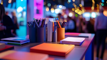 Creative Stationery Display: A vibrant arrangement of stationery, including pens, notebooks, and other office essentials, displayed in an artistic and modern fashion.