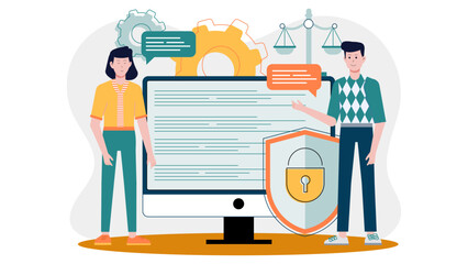 Data security concept with a diverse group of people standing next to a shield. Ideal for cybersecurity or identity protection designs.