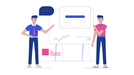 Two men presenting data on a whiteboard with a graph, suitable for business presentations, financial reports, or marketing analysis concepts.