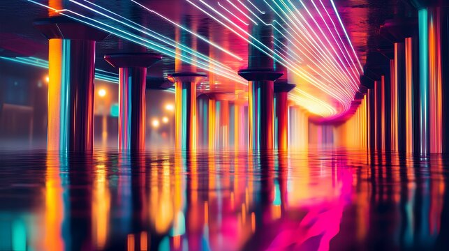 Neon Nightscape: A vibrant and futuristic cityscape, radiating with dynamic neon lights across a polished, reflective surface. It's an architectural wonder with streaks of bright and energetic colors