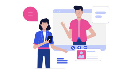 Woman communicating with a man through a video call. Perfect for promoting digital communication, virtual meetings, remote work concepts.