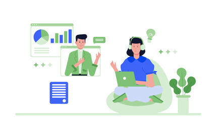 Woman video conferencing with charts, perfect for business presentations, online meetings, remote work, financial consultations, and virtual conferences.