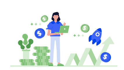 Woman sitting at desk with laptop, surrounded by financial graphs and growing profits, suitable for business and financial concepts.