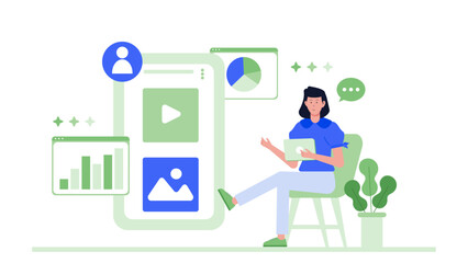 Woman presenting data analytics on a large phone screen. Suitable for digital marketing, technology, and business presentations. Suitable for online articles.