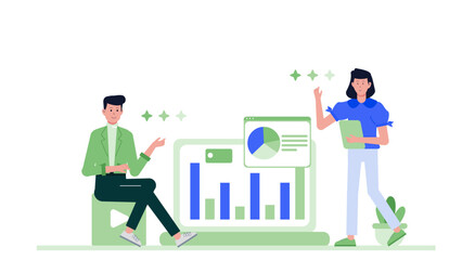 Two people analyzing business data charts. Suitable for presentations, financial reports, teamwork concepts, strategic analysis visuals, and research projects.