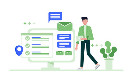 Man efficiently dealing with online tasks and emails. Suitable for tech, productivity, business, or remote work concepts in design projects.