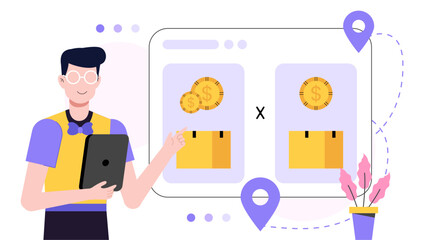 Man tracks package delivery costs on tablet. Suitable for logistics, shipping, technology, online shopping concepts, website banners, and digital marketing.