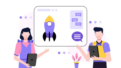 Two people present a rocket launch plan using tablets. Suitable for technology business presentations, space exploration concepts, innovation themes.