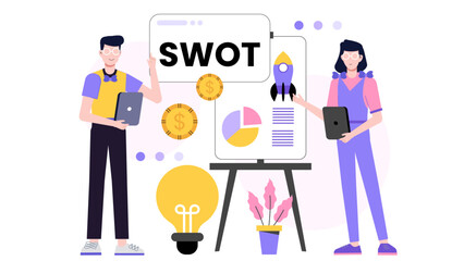 SWOT analysis presentation featuring two individuals. Perfect for business strategy, planning meetings, teamwork, or educational presentations on analysis.