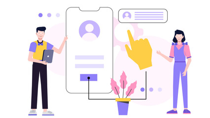 Two people showcasing a user interface design. Suitable for technology presentations, web development concepts, software demonstrations, and teamwork visuals.